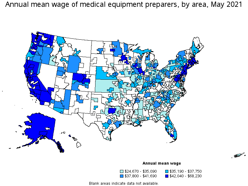 Map of annual mean wages of medical equipment preparers by area, May 2021