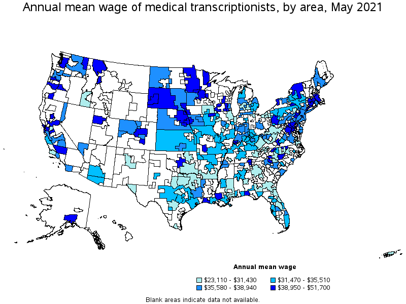 Map of annual mean wages of medical transcriptionists by area, May 2021