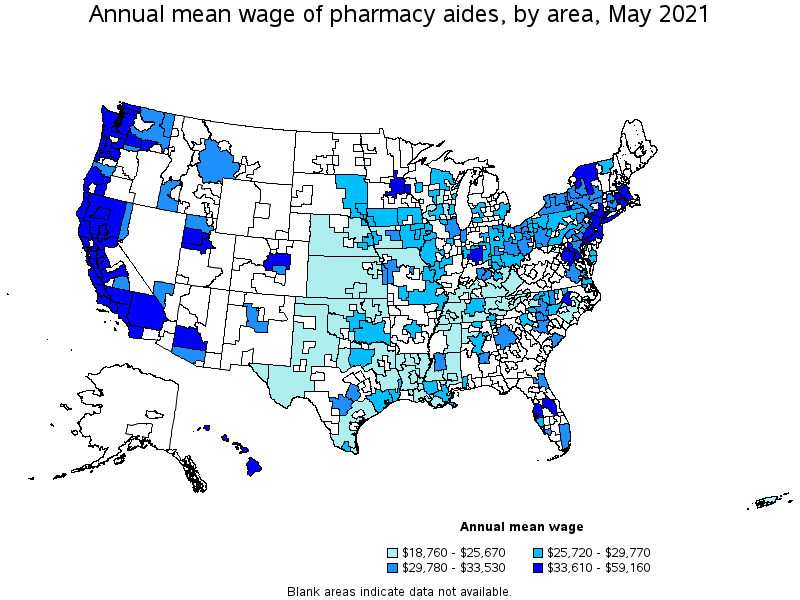 Map of annual mean wages of pharmacy aides by area, May 2021