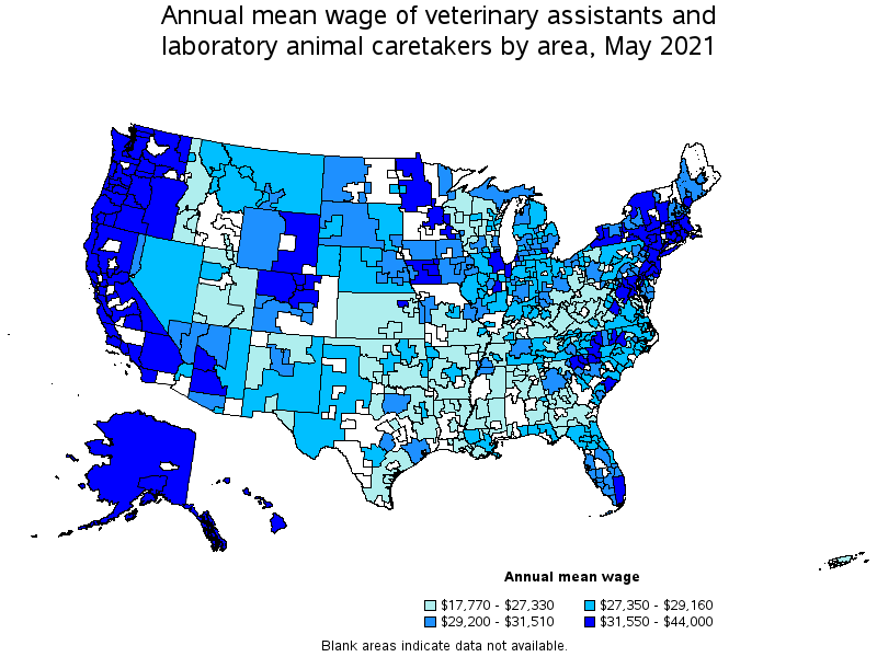 Map of annual mean wages of veterinary assistants and laboratory animal caretakers by area, May 2021