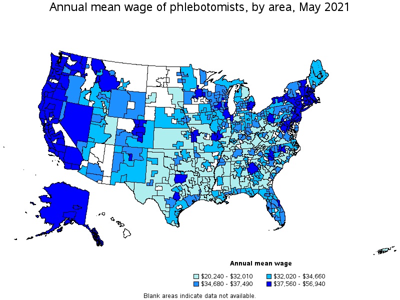 Map of annual mean wages of phlebotomists by area, May 2021