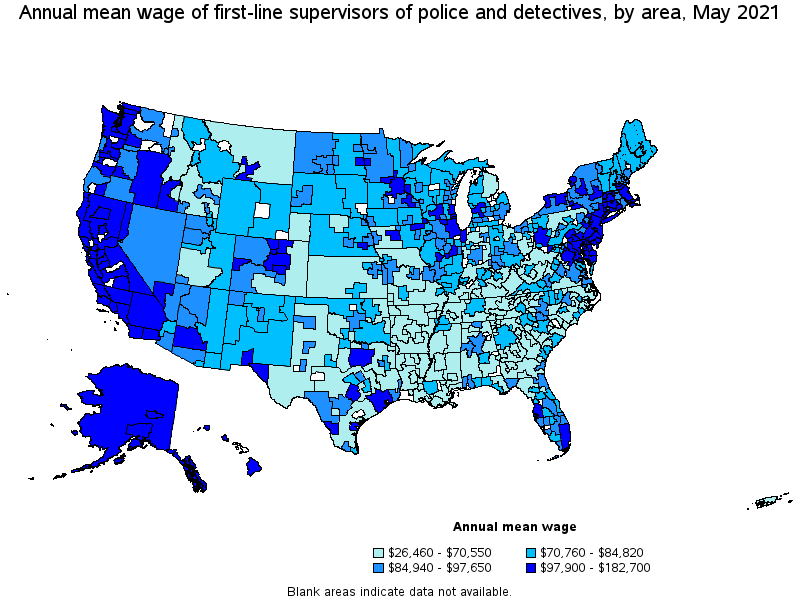 Map of annual mean wages of first-line supervisors of police and detectives by area, May 2021