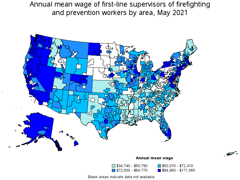 Map of annual mean wages of first-line supervisors of firefighting and prevention workers by area, May 2021