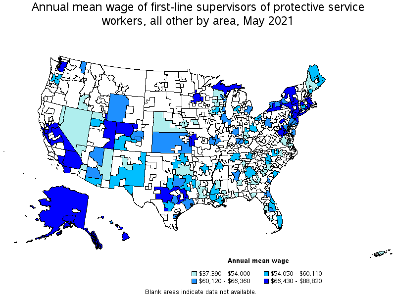 Map of annual mean wages of first-line supervisors of protective service workers, all other by area, May 2021