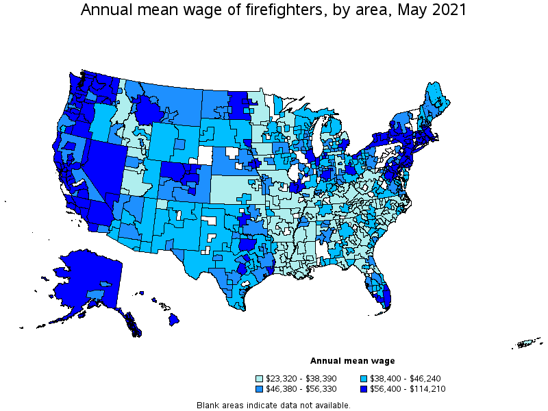 Map of annual mean wages of firefighters by area, May 2021