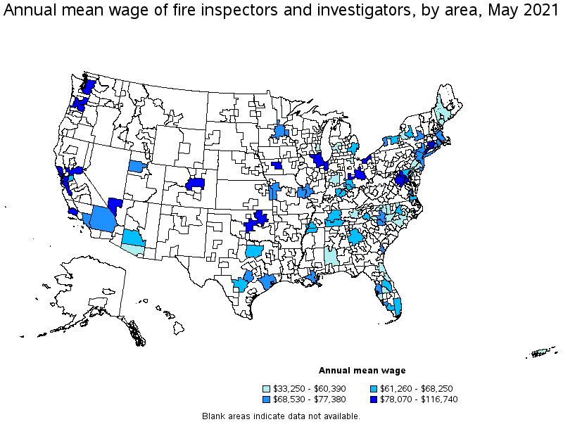 Map of annual mean wages of fire inspectors and investigators by area, May 2021