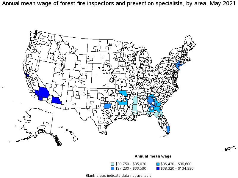 Map of annual mean wages of forest fire inspectors and prevention specialists by area, May 2021