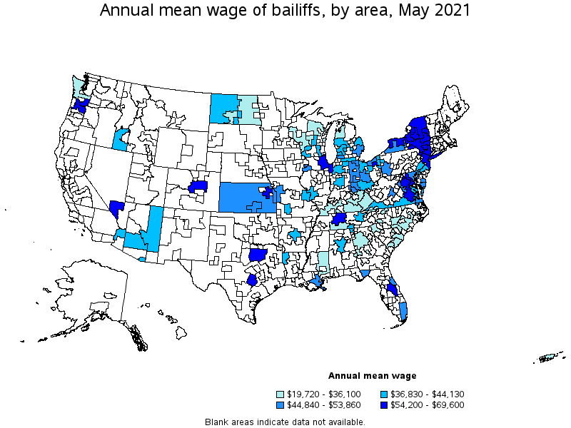 Map of annual mean wages of bailiffs by area, May 2021