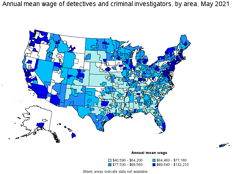Map of annual mean wages of detectives and criminal investigators by area, May 2021