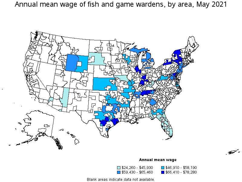 Map of annual mean wages of fish and game wardens by area, May 2021