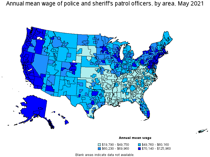 Map of annual mean wages of police and sheriff's patrol officers by area, May 2021