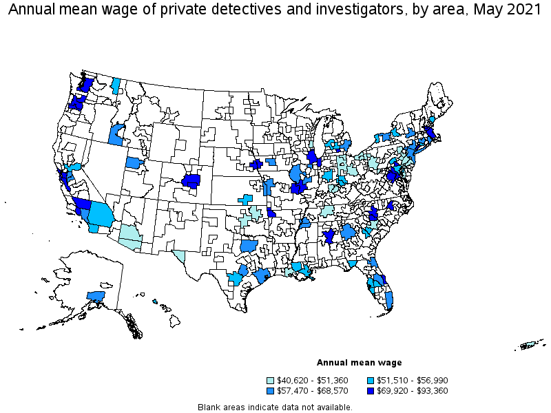 Map of annual mean wages of private detectives and investigators by area, May 2021