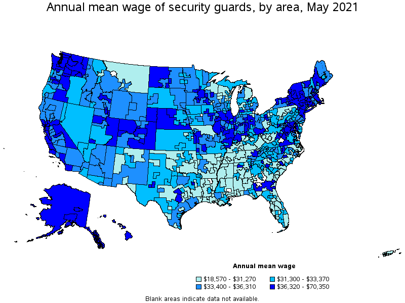 Map of annual mean wages of security guards by area, May 2021