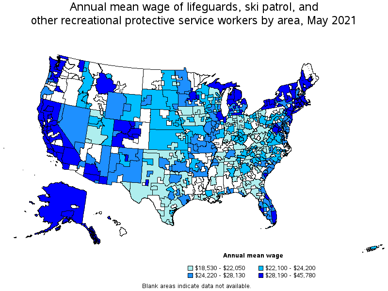 Map of annual mean wages of lifeguards, ski patrol, and other recreational protective service workers by area, May 2021