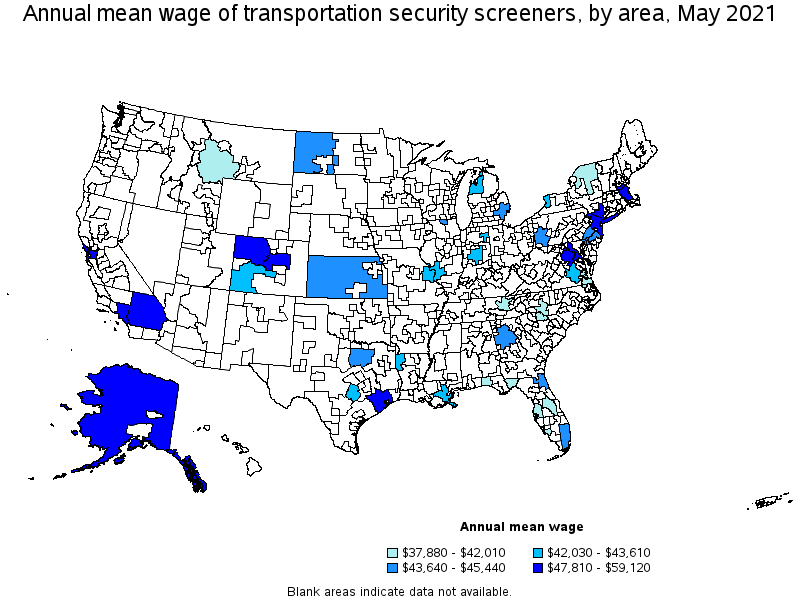 Map of annual mean wages of transportation security screeners by area, May 2021