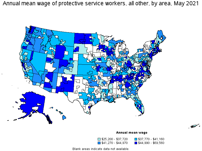 Map of annual mean wages of protective service workers, all other by area, May 2021