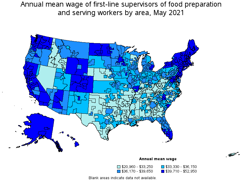 Map of annual mean wages of first-line supervisors of food preparation and serving workers by area, May 2021