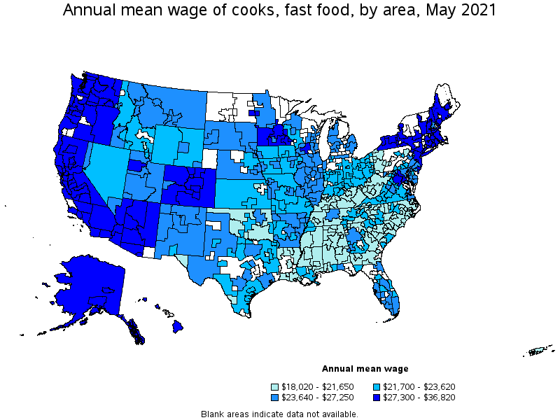 Map of annual mean wages of cooks, fast food by area, May 2021