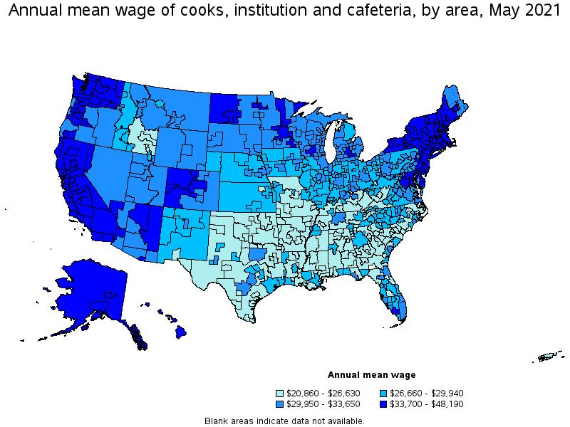 Map of annual mean wages of cooks, institution and cafeteria by area, May 2021