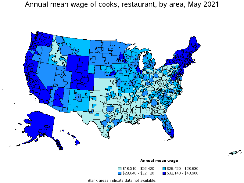 Map of annual mean wages of cooks, restaurant by area, May 2021