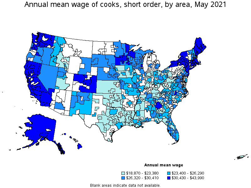 Map of annual mean wages of cooks, short order by area, May 2021