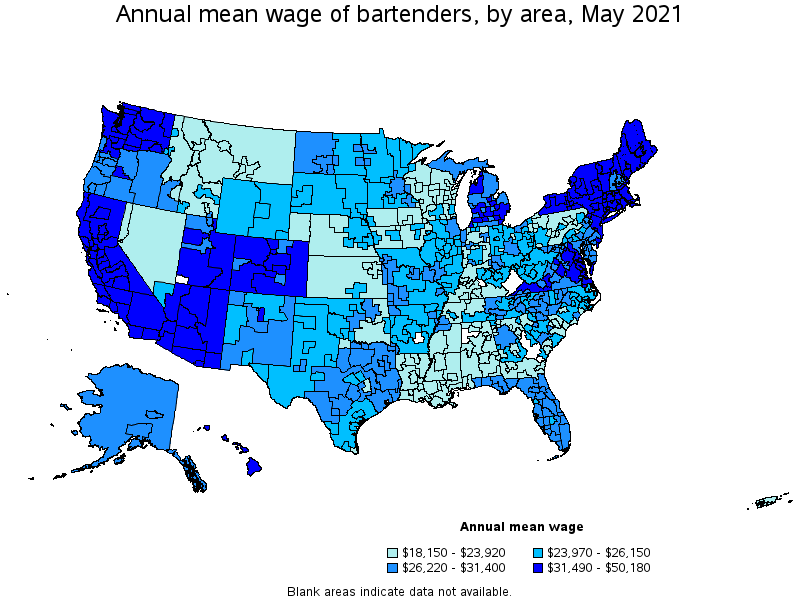 Map of annual mean wages of bartenders by area, May 2021