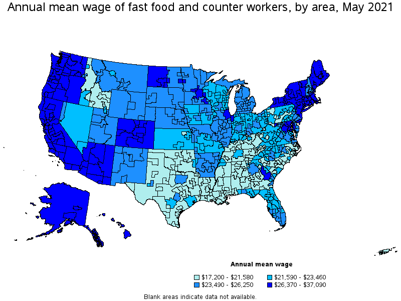 Map of annual mean wages of fast food and counter workers by area, May 2021