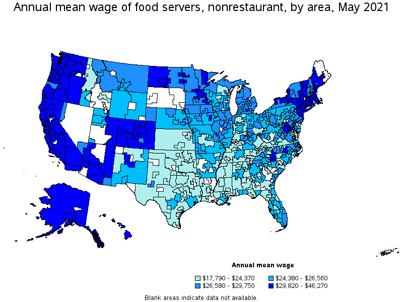 Map of annual mean wages of food servers, nonrestaurant by area, May 2021