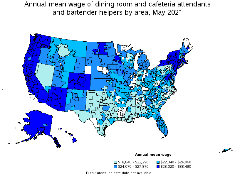 Map of annual mean wages of dining room and cafeteria attendants and bartender helpers by area, May 2021