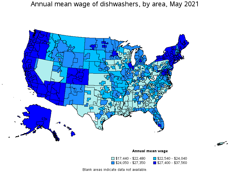Map of annual mean wages of dishwashers by area, May 2021
