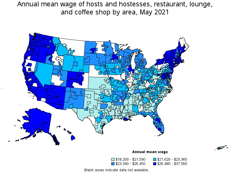 Map of annual mean wages of hosts and hostesses, restaurant, lounge, and coffee shop by area, May 2021