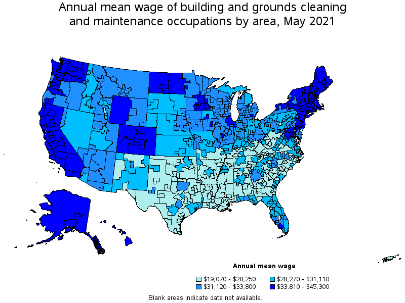 Map of annual mean wages of building and grounds cleaning and maintenance occupations by area, May 2021