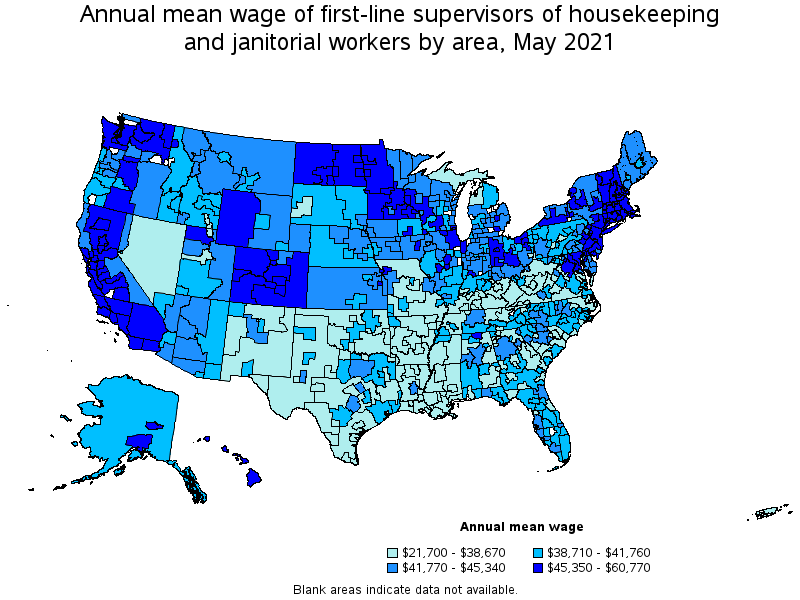 Map of annual mean wages of first-line supervisors of housekeeping and janitorial workers by area, May 2021