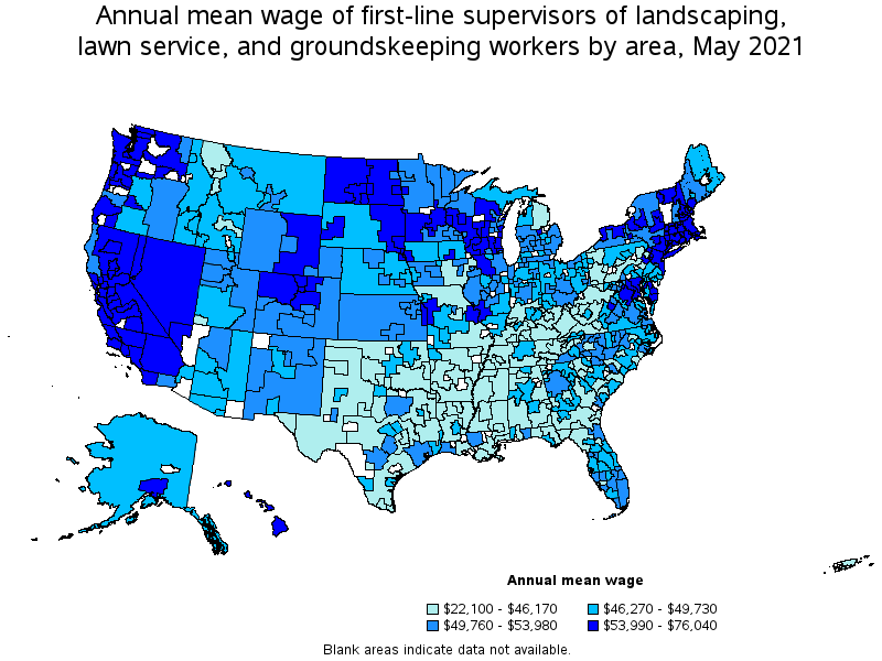 Map of annual mean wages of first-line supervisors of landscaping, lawn service, and groundskeeping workers by area, May 2021