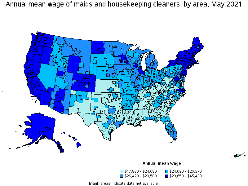 Map of annual mean wages of maids and housekeeping cleaners by area, May 2021