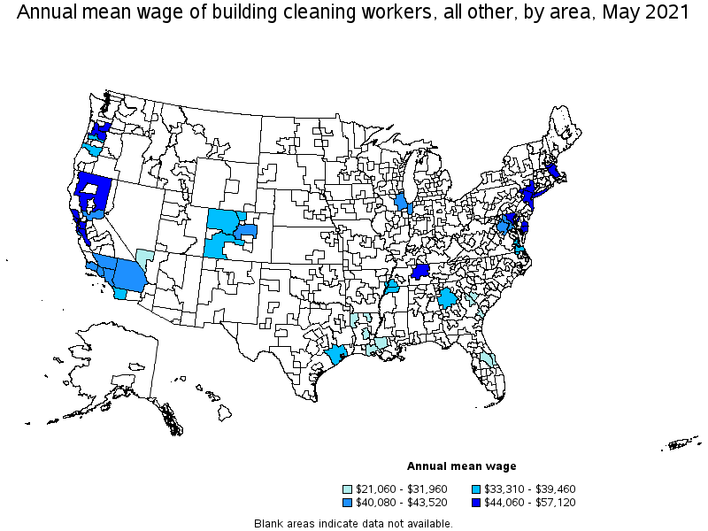 Map of annual mean wages of building cleaning workers, all other by area, May 2021