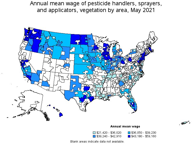 Map of annual mean wages of pesticide handlers, sprayers, and applicators, vegetation by area, May 2021
