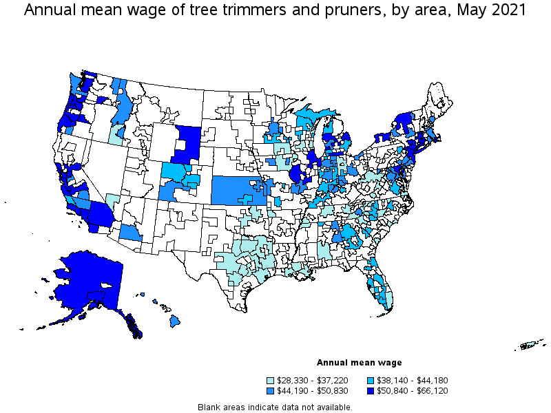 Map of annual mean wages of tree trimmers and pruners by area, May 2021