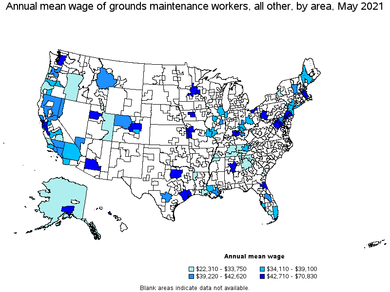 Map of annual mean wages of grounds maintenance workers, all other by area, May 2021