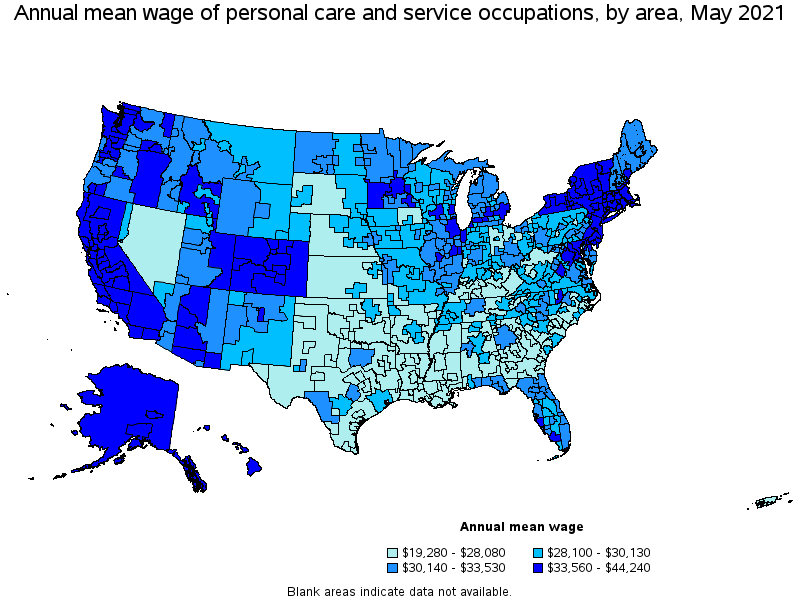 Map of annual mean wages of personal care and service occupations by area, May 2021