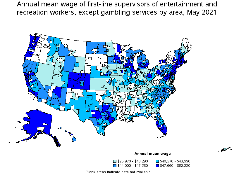 Map of annual mean wages of first-line supervisors of entertainment and recreation workers, except gambling services by area, May 2021