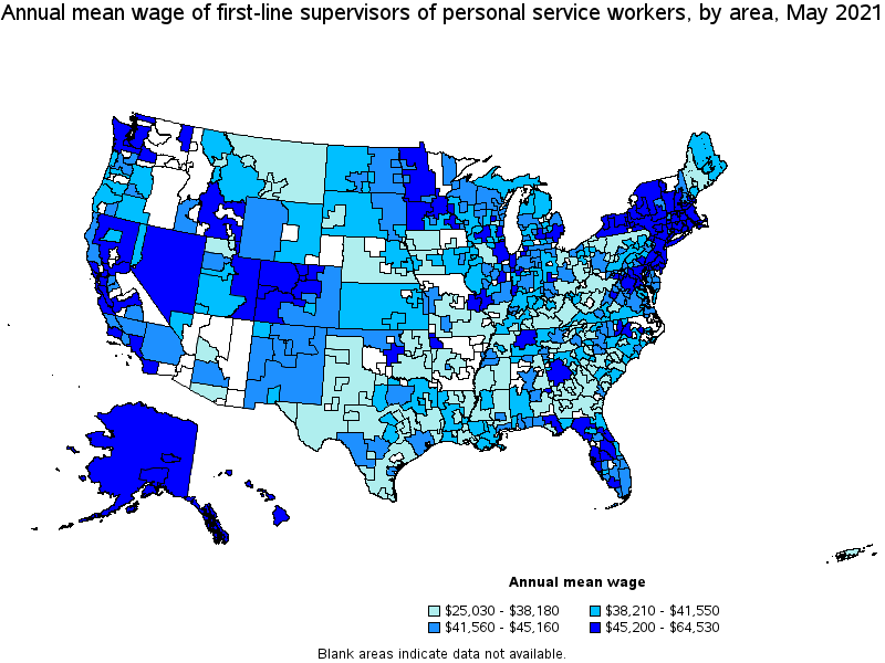 Map of annual mean wages of first-line supervisors of personal service workers by area, May 2021