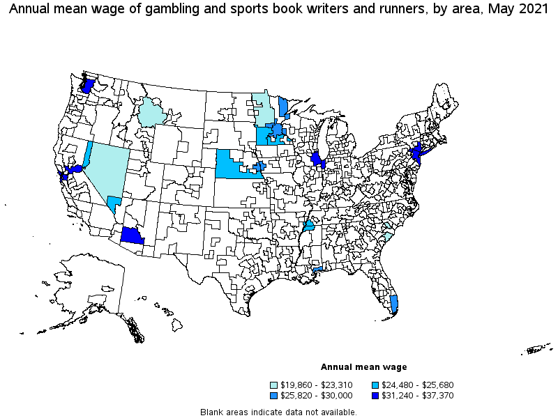Map of annual mean wages of gambling and sports book writers and runners by area, May 2021