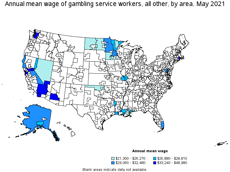 Map of annual mean wages of gambling service workers, all other by area, May 2021