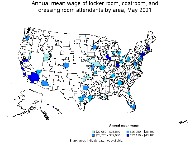 Map of annual mean wages of locker room, coatroom, and dressing room attendants by area, May 2021
