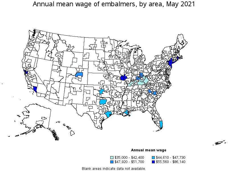 Map of annual mean wages of embalmers by area, May 2021