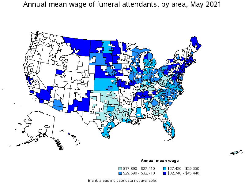 Map of annual mean wages of funeral attendants by area, May 2021