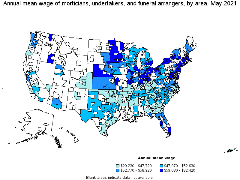 Map of annual mean wages of morticians, undertakers, and funeral arrangers by area, May 2021