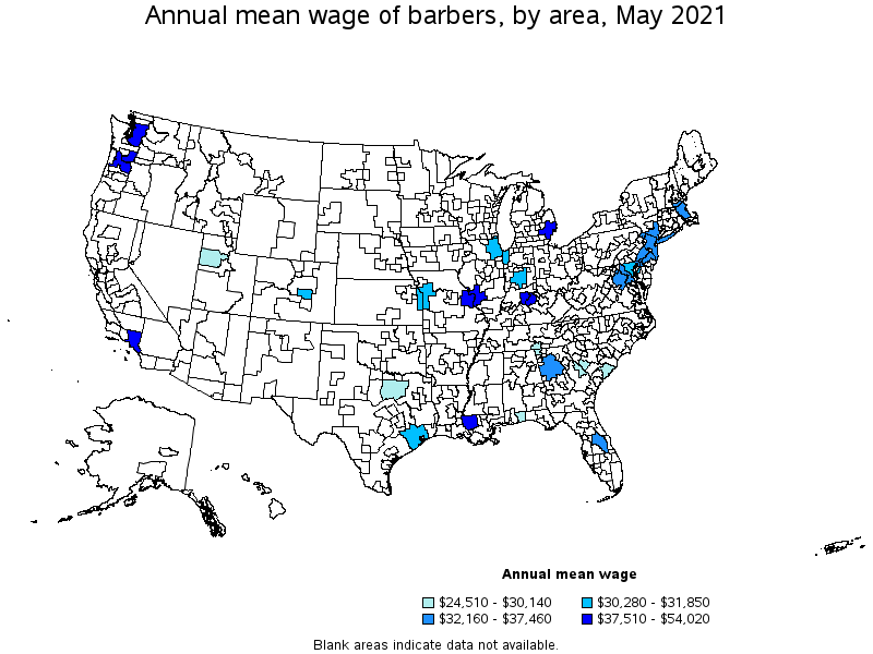 Map of annual mean wages of barbers by area, May 2021