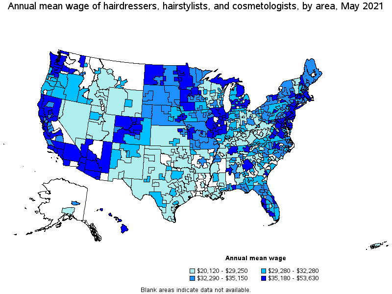 Map of annual mean wages of hairdressers, hairstylists, and cosmetologists by area, May 2021